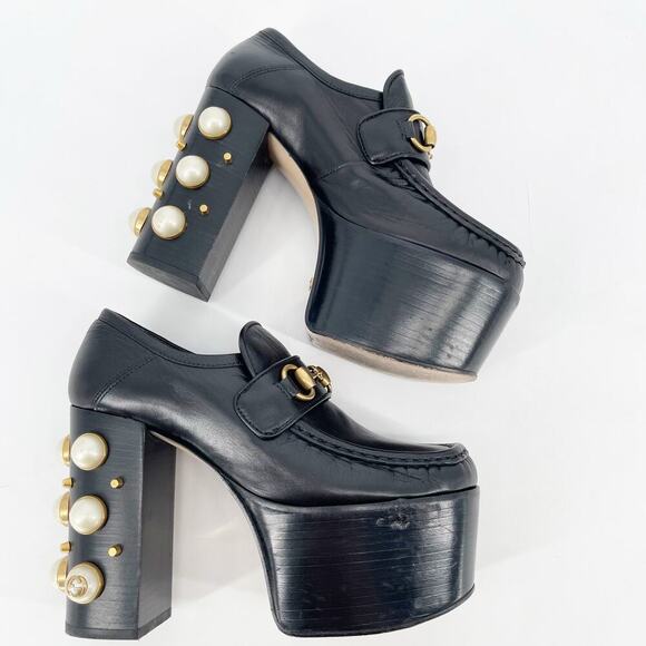 Gucci Black Vegas Horsebit Pearl Studded Platform Loafer Block Heel Pump EU 36.5 - Picture 4 of 13